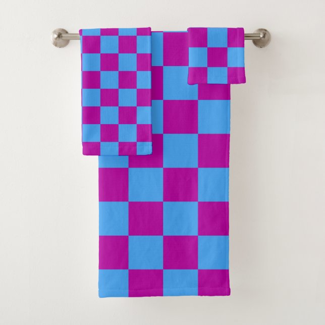 Purple Blue Checkered Check Pattern Bath Towel Set (Insitu)