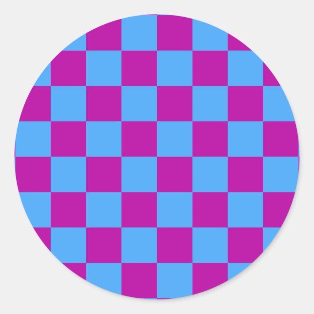 Purple Blue Checkered Check Pattern Classic Round Sticker (Front)