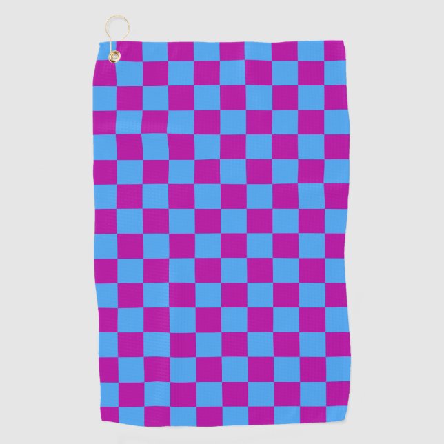 Purple Blue Checkered Check Pattern Golf Towel (Front)