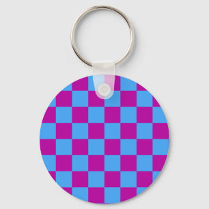 Purple Blue Checkered Check Pattern Keychain