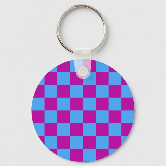 Purple Blue Checkered Check Pattern Keychain (Front)