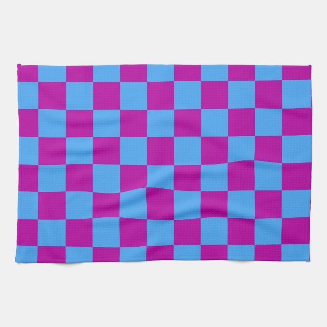 Purple Blue Checkered Check Pattern Kitchen Towel (Horizontal)