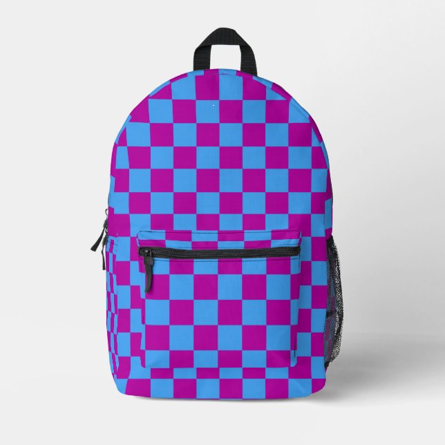Purple Blue Checkered Check Pattern Printed Backpack (Front)