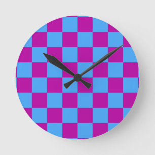 Purple Blue Checkered Check Pattern Round Clock