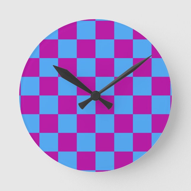 Purple Blue Checkered Check Pattern Round Clock (Front)