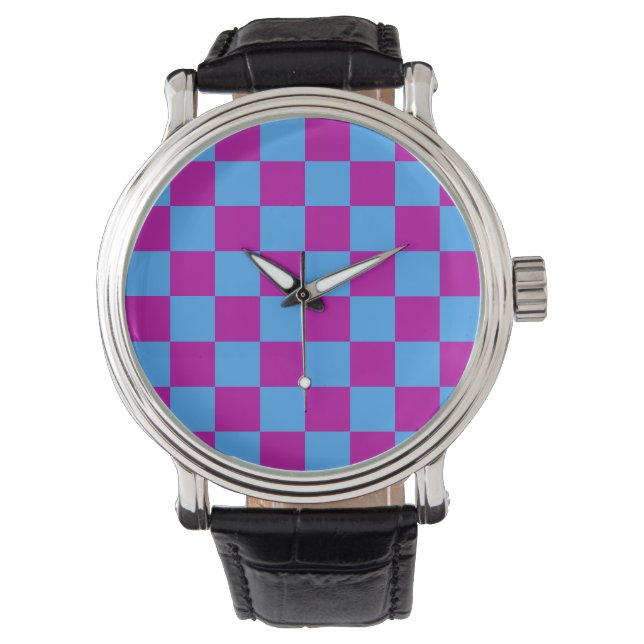 Purple Blue Checkered Check Pattern Watch (Front)