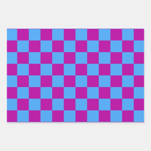Purple Blue Checkered Check Pattern Wrapping Paper Sheets (Front)