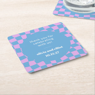 Purple Blue Checkered Retro Custom Couples Shower Square Paper Coaster