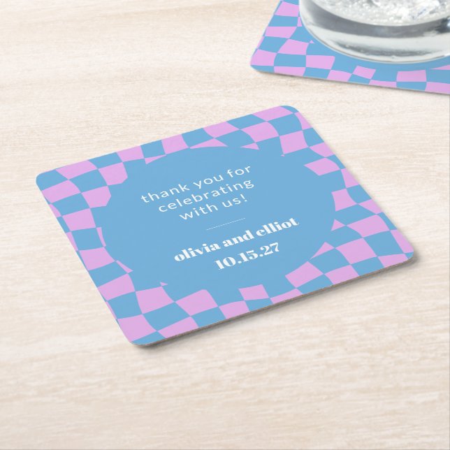Purple Blue Checkered Retro Custom Couples Shower Square Paper Coaster (Angled)