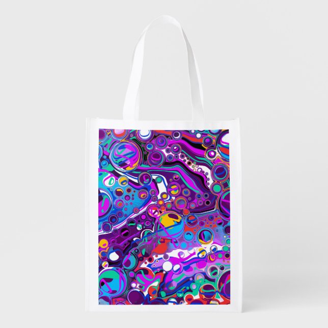 Purple, Blue Colorful Bubbles Abstract Modern    Grocery Bag (Front)