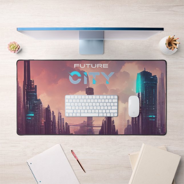 Purple Blue Colorful Future Cyberpunk City Desk Mat (Office 1)