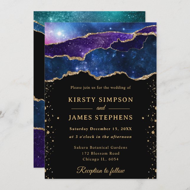 Purple & Blue Cosmic Geode with Gold Wedding Invitation (Front/Back)