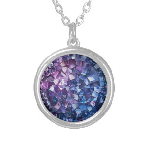 Purple Blue Crystals Pattern Silver Plated Necklace