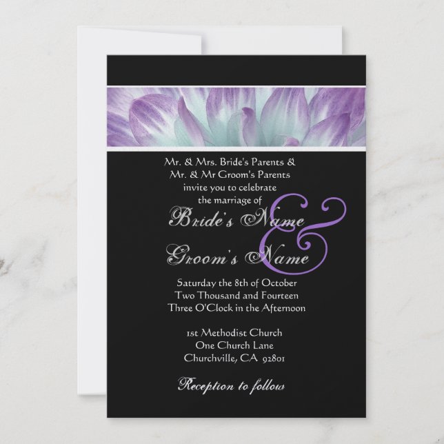 Purple Blue Dahlia Petals Wedding Metallic Paper Invitation (Front)