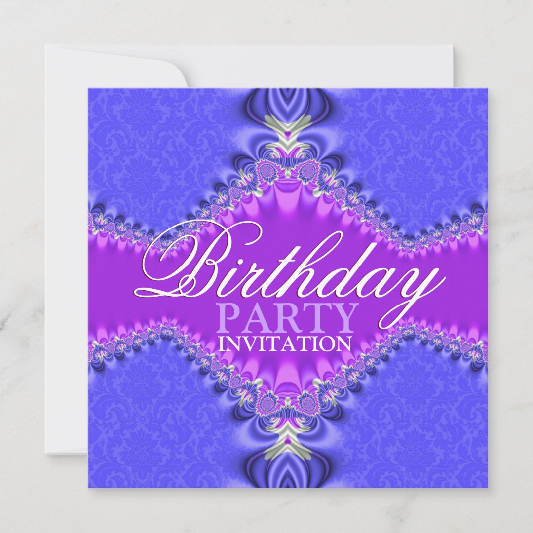 Purple & Blue Damask Birthday Party Invitation Zazzle