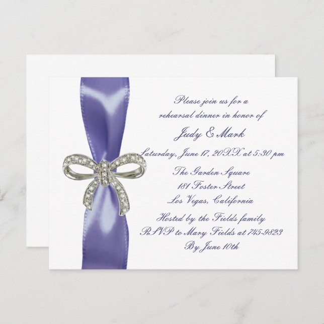 Purple Blue Diamond Bow Rehearsal Dinner Invitation (Front/Back)
