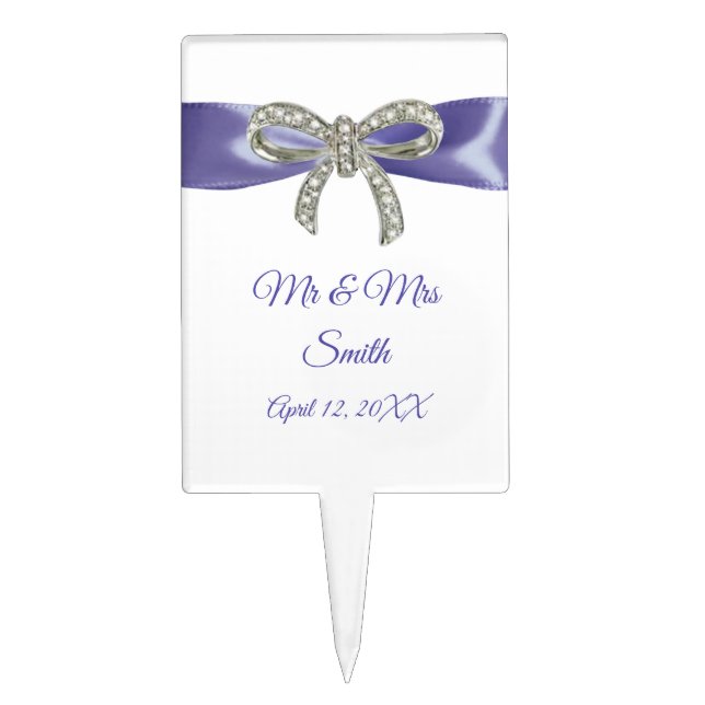 Purple Blue Diamond Bow Wedding Cake Topper (Front)