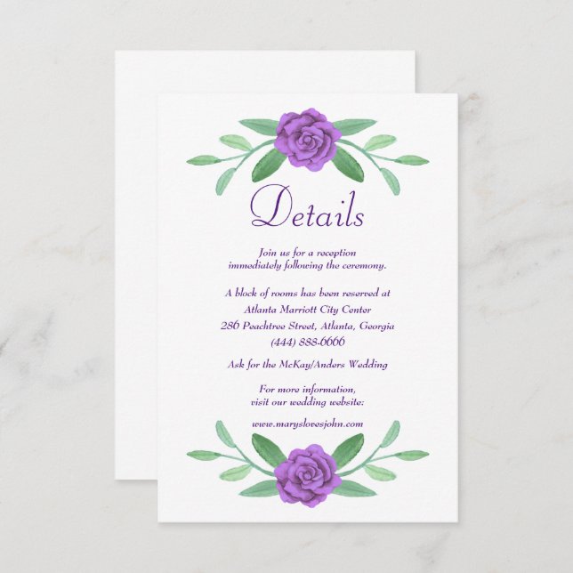Purple Blue Diamond Bow Wedding Details Card (Front/Back)