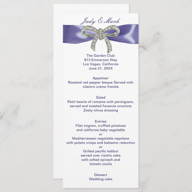 Purple Blue Diamond Bow Wedding Menu Card (Front/Back)