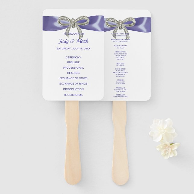 Purple Blue Diamond Bow Wedding Program Fans (Front and Back)