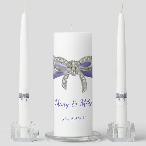 Purple Blue Diamond Bow Wedding Unity Candle Set