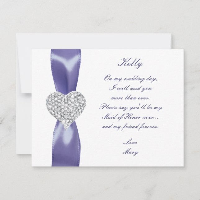 Purple Blue Diamond Heart Maid Of Honor Card (Front)