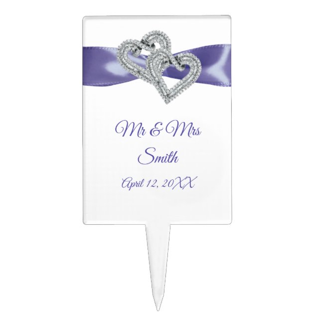 Purple Blue Diamond Hearts Wedding Cake Topper (Front)