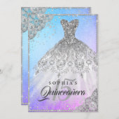 Purple Blue Diamond Lace Sparkle Gown Quinceanera Invitation (Front/Back)