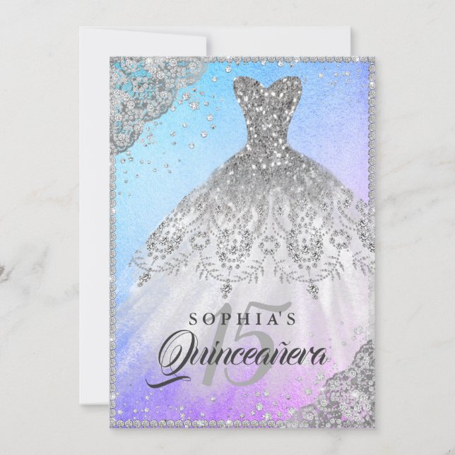 Purple Blue Diamond Lace Sparkle Gown Quinceanera Invitation (Front)