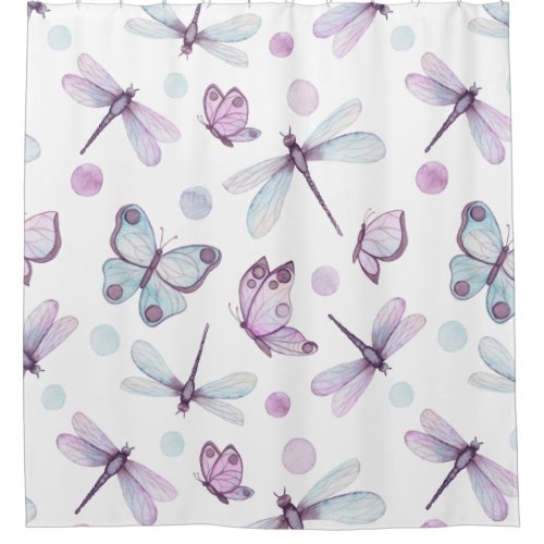 Purple  Blue Dragonflies  Butterflies Pattern Shower Curtain