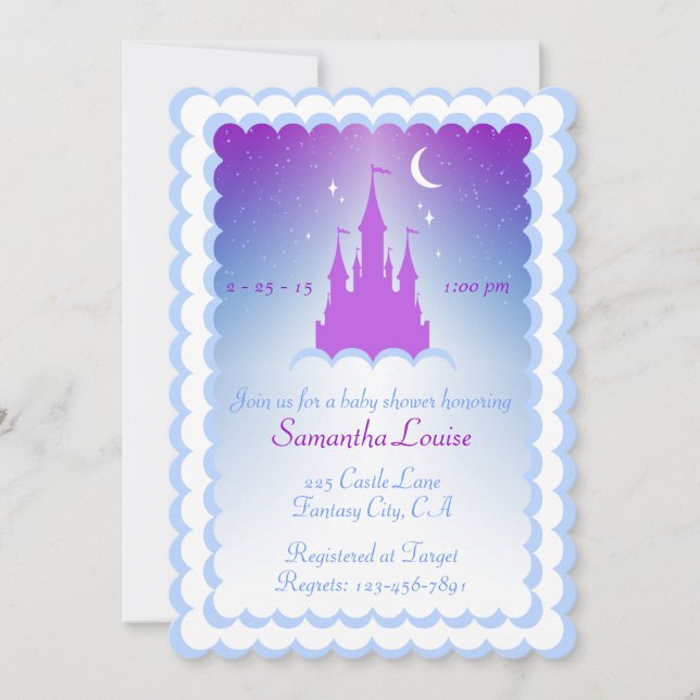 Purple Blue Dream Castle In The Clouds Baby Shower Invitation (Front)