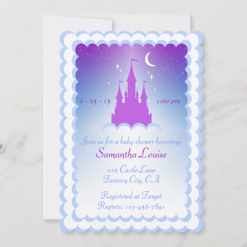 Purple Blue Dream Castle In The Clouds Baby Shower Invitation