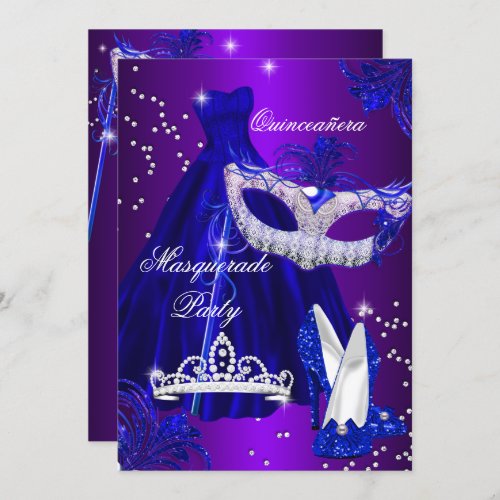 Purple  Blue Dress masquerade Quinceanera Invite