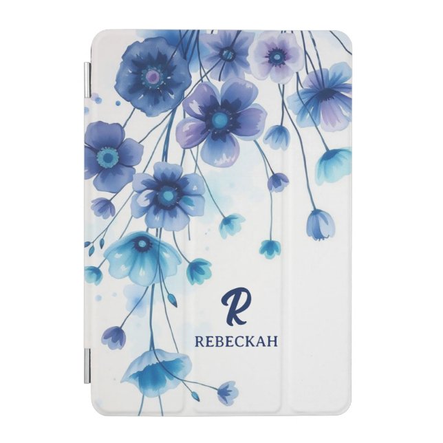 Purple Blue Elegant Watercolor Flowers Monogram iPad Mini Cover (Front)