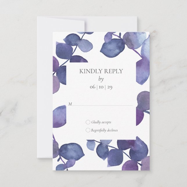 Purple Blue Eucalyptus Leaves Floral RSVP (Front)