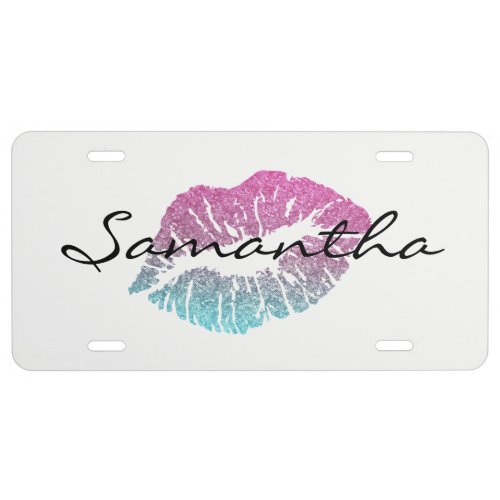 Purple Blue Faux Glitter Lips License Plate