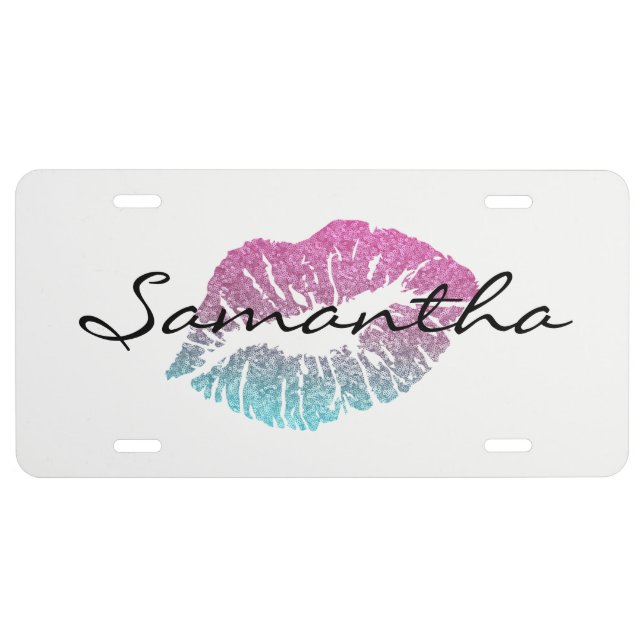 Purple Blue Faux Glitter Lips License Plate (Front)