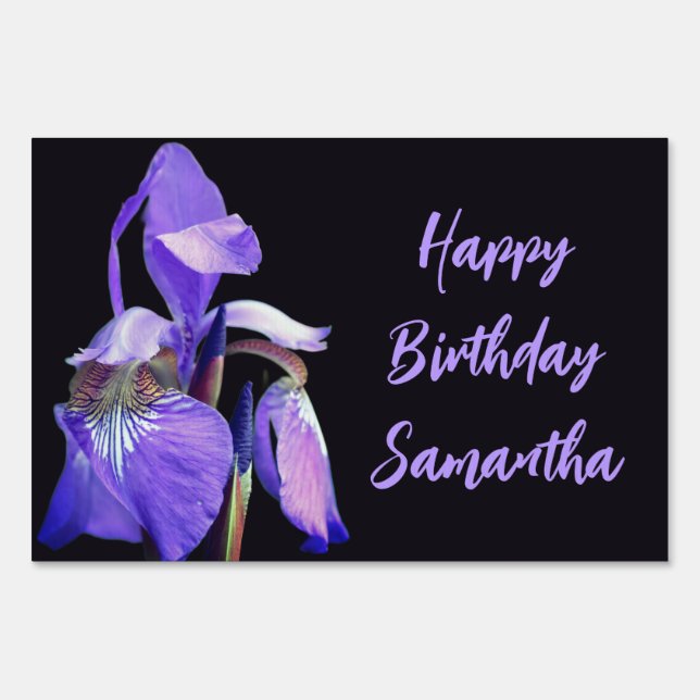 Purple Blue Flag Iris Flower Personalized Birthday Sign (Front)