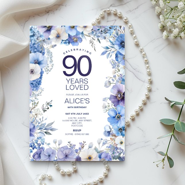 Purple & Blue Floral 90th Birthday, Milestone Invitation (Creator Uploaded)