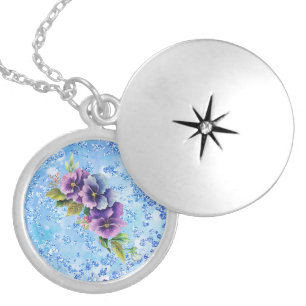 Purple & Blue Floral Blue Bokeh Bling Locket Necklace