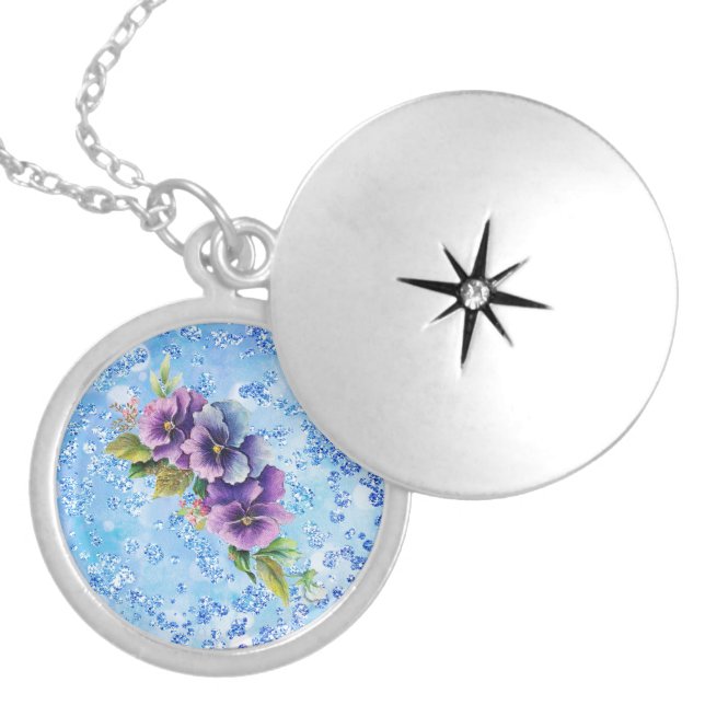 Purple & Blue Floral Blue Bokeh Bling Locket Necklace (Front)