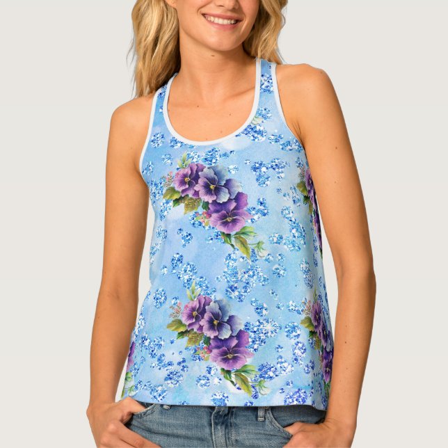 Purple & Blue Floral Blue Bokeh Bling Tank Top (Front)