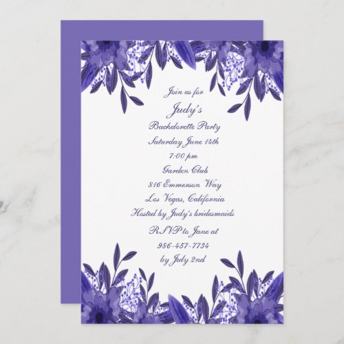 Purple Blue Floral Foliage Bachelorette Party Invitation