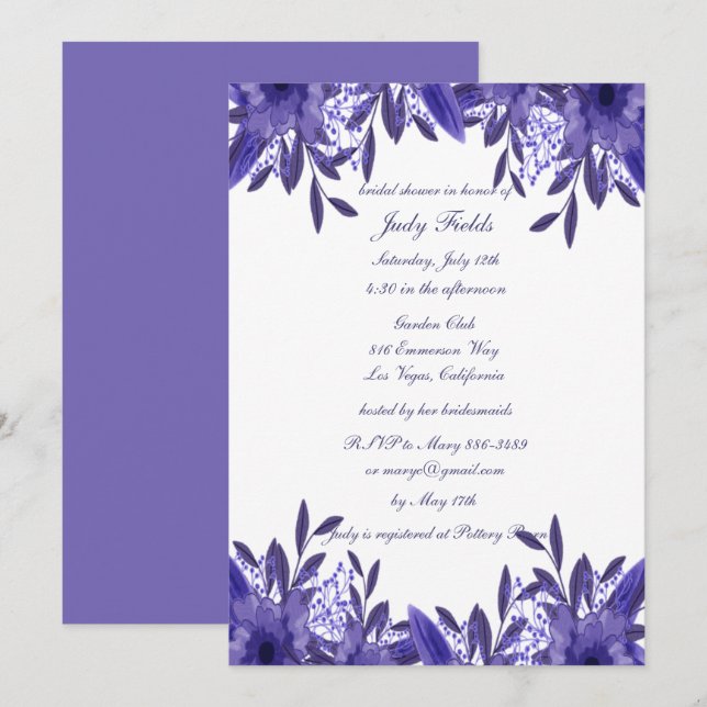Purple Blue Floral Foliage Bridal Shower Invitation (Front/Back)