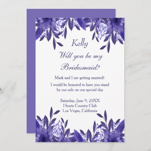 Purple Blue Floral Foliage Bridesmaid Card