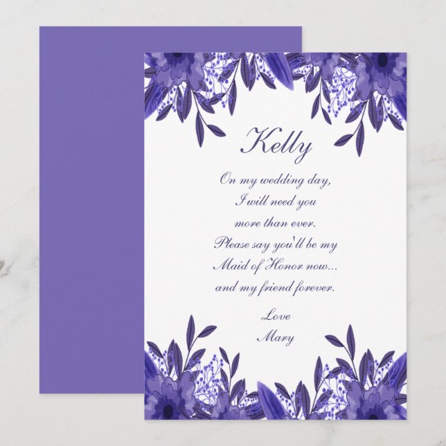 Purple Blue Floral Foliage Maid Of Honor Card (Front/Back)