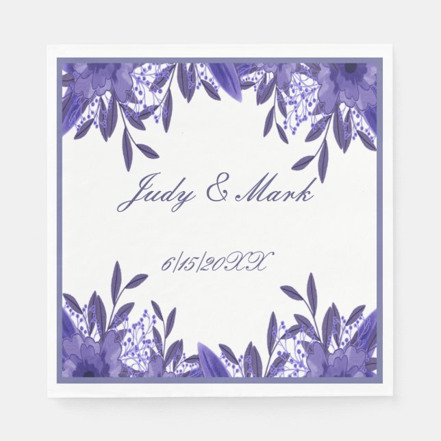 Purple Blue Floral Foliage Paper Napkins (Front)