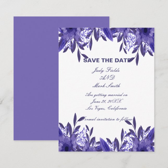 Purple Blue Floral Foliage Save The Date Card (Front/Back)