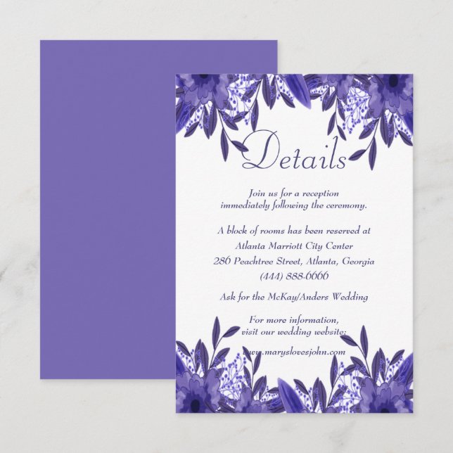 Purple Blue Floral Foliage Wedding Details Card (Front/Back)