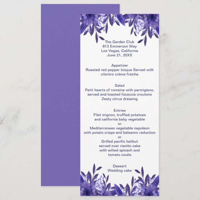 Purple Blue Floral Foliage Wedding Menu Card (Front/Back)